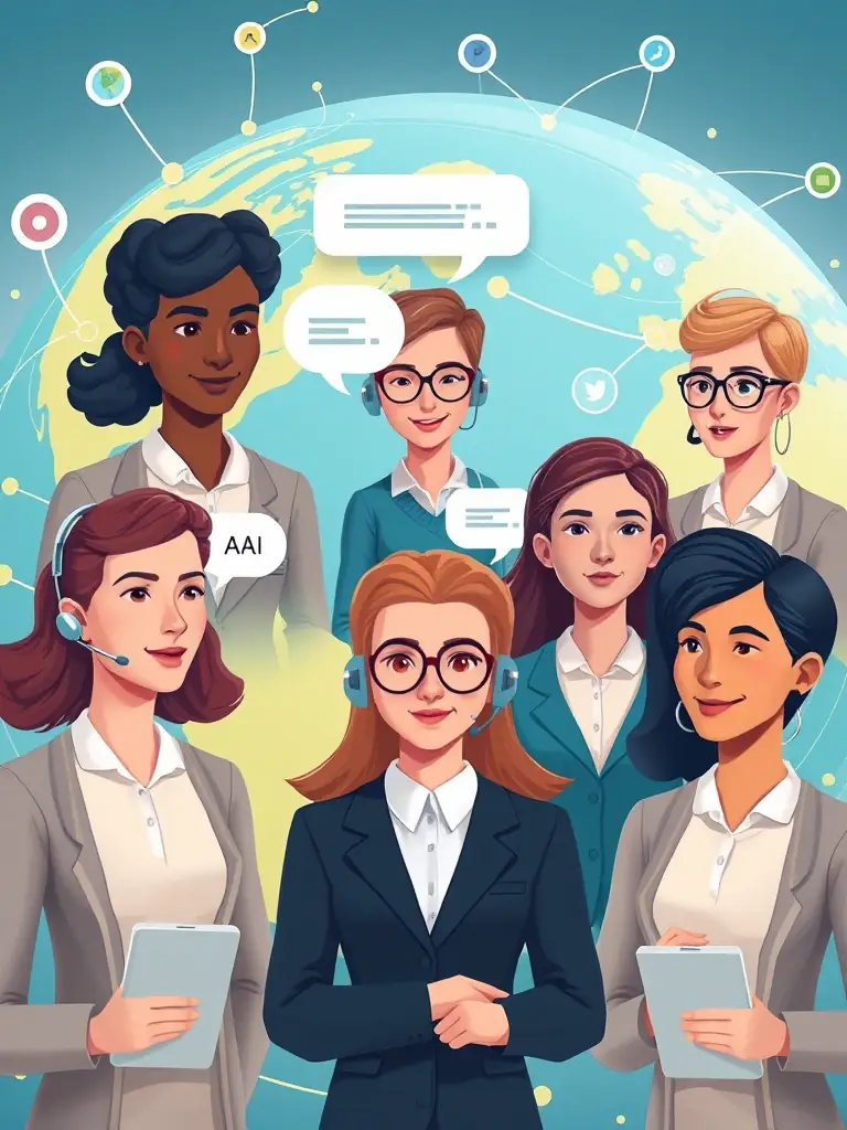 A diverse group of AI phone agent avatars, each representing different languages and accents, communicating with customers from around the world.