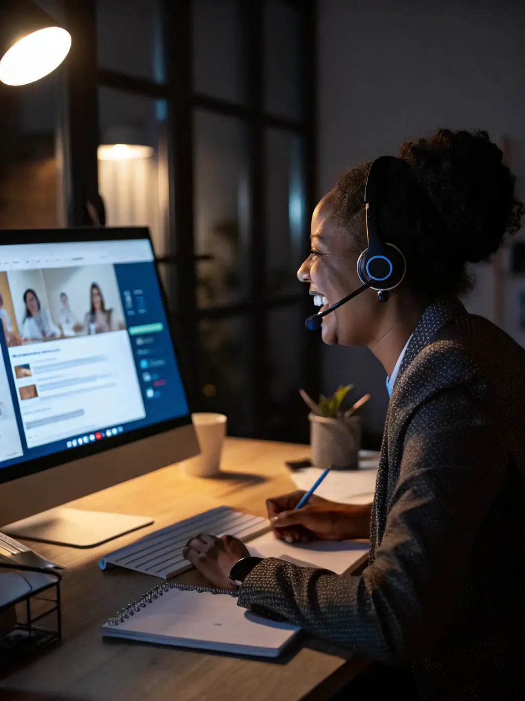 A professional AI phone agent avatar, depicted as a friendly and approachable individual, is shown handling a customer service call in a modern office setting.