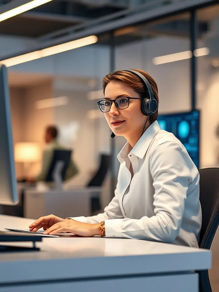 A professional AI phone agent making outbound calls in a modern office setting, showcasing efficiency and automation.